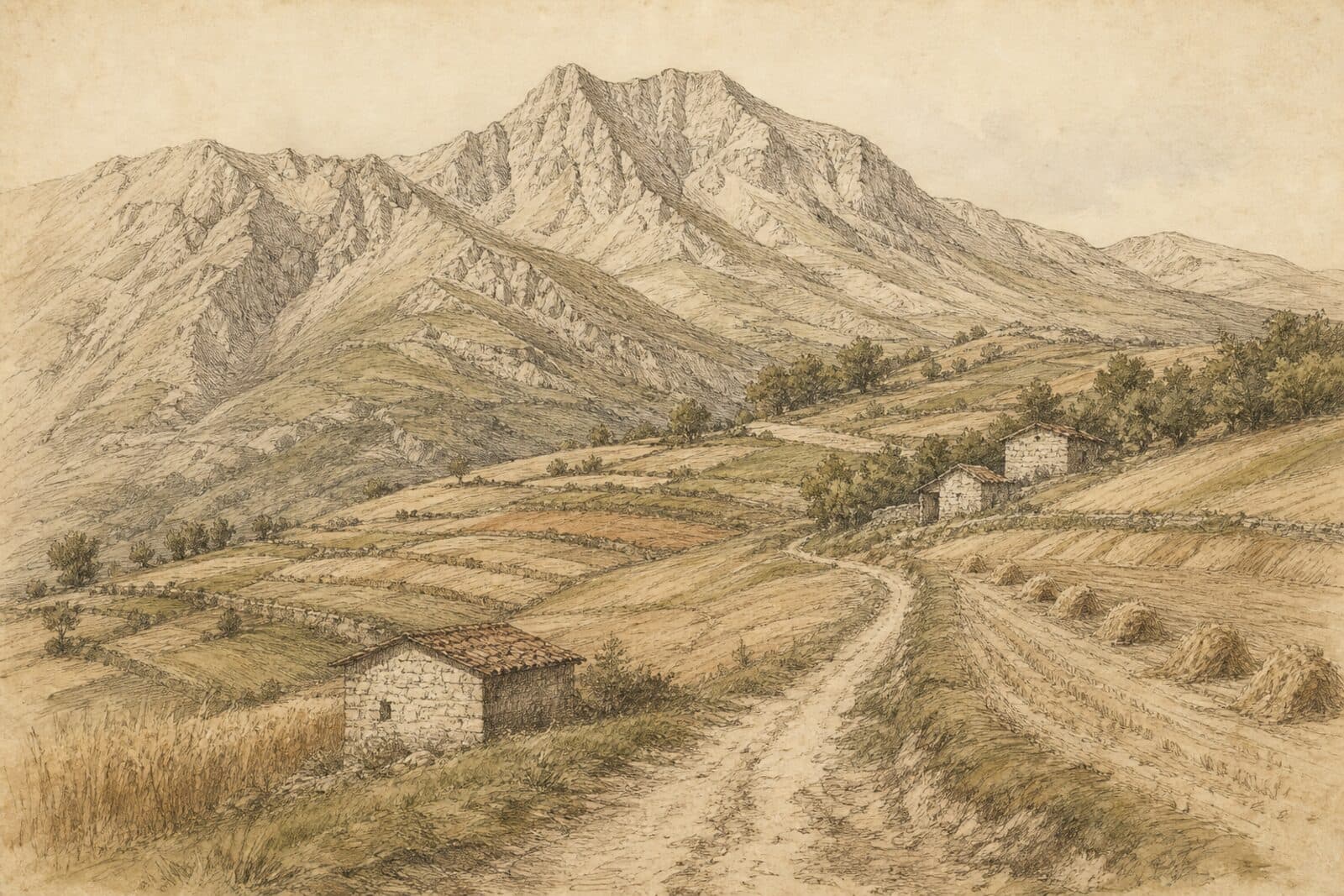 Drawn plate: the limestone ridges of the Sibillini above terraced grain fields and a few stone outbuildings.