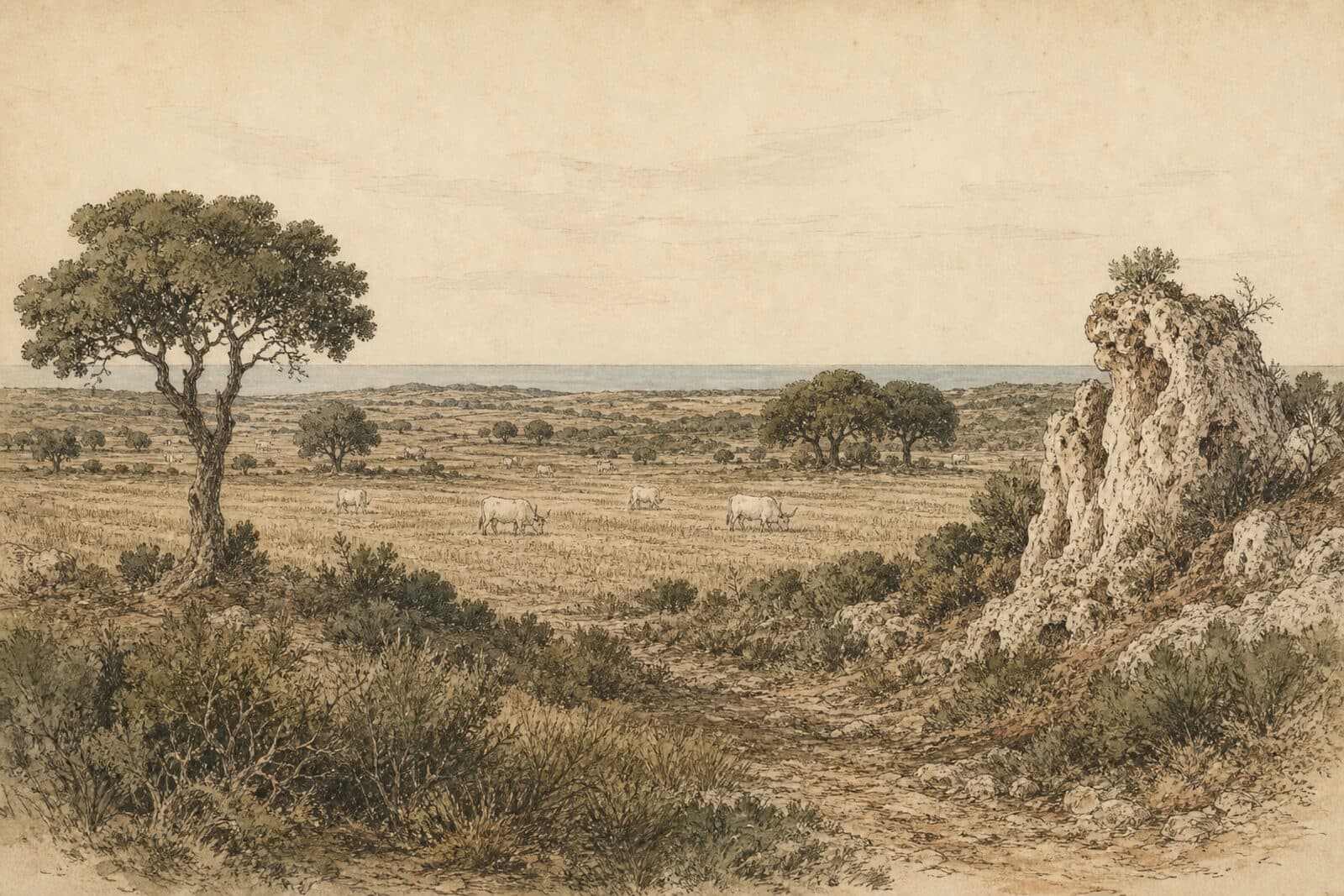 Drawn plate: the Maremma in stubble and scrub, scattered cork oaks, cattle grazing, the sea a line on the horizon.