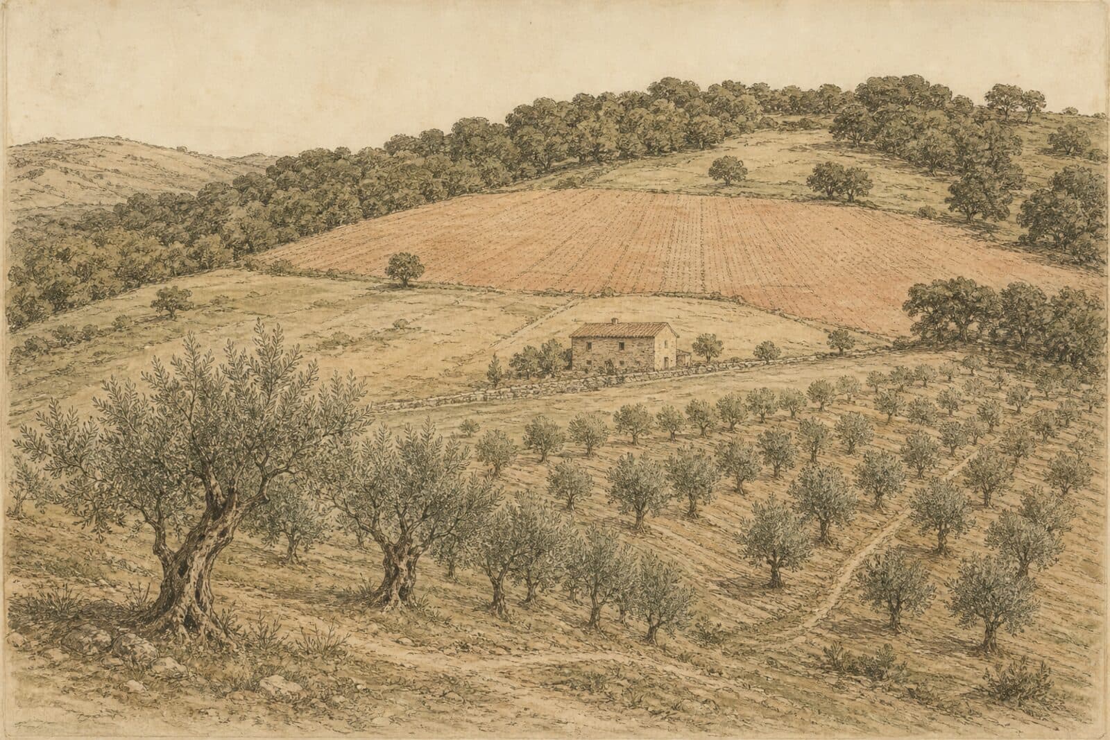 Drawn plate: an Umbrian slope in ruled olive rows, oak woods along the ridge, one stone farm building.
